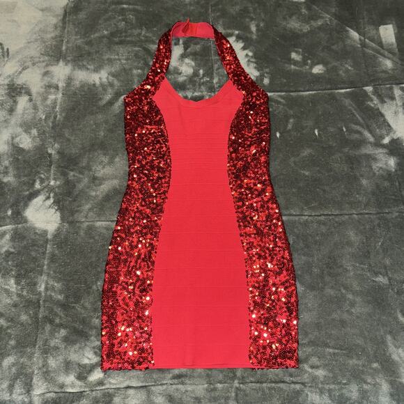 Guess Bodycon Dress Women's Small Red Sequin Halter Neck Cocktail Showgirl Glam - Picture 1 of 8